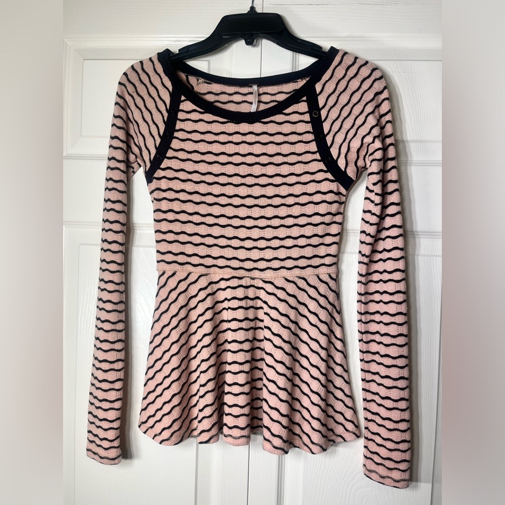 Free People Blush Pink Black Stripe Babydoll Skater‎ Top